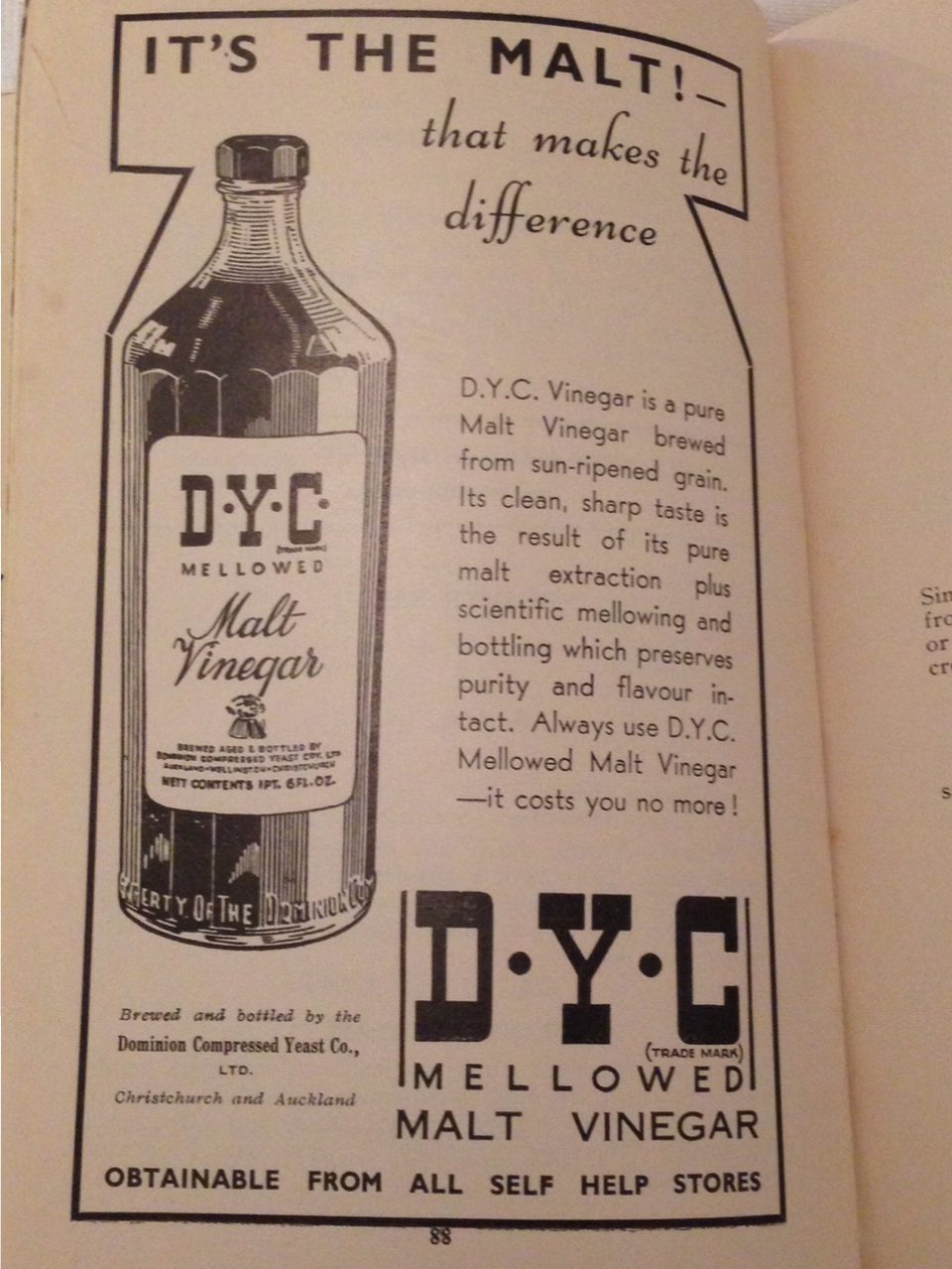 Self Help Cook Book advertising 1939: DYC Vinegar